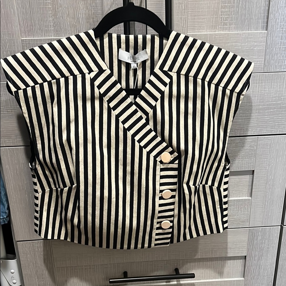 Pearl Black and Cream Striped Asymmetrical Top